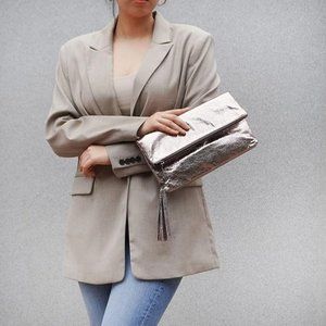 Cracked Metallic Fabric Fold-over Evening or Day Clutch with Tassel - pewter